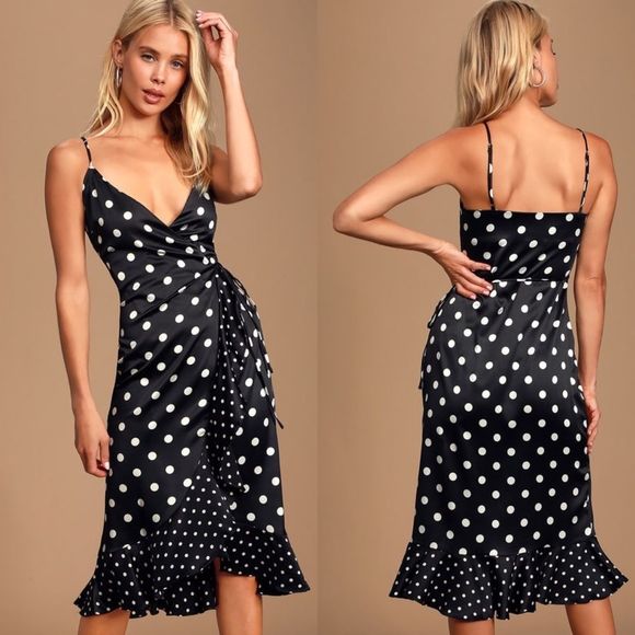 Lulus Dresses & Skirts - LULU’S | Black Polka Dot Satin Wrap Dress